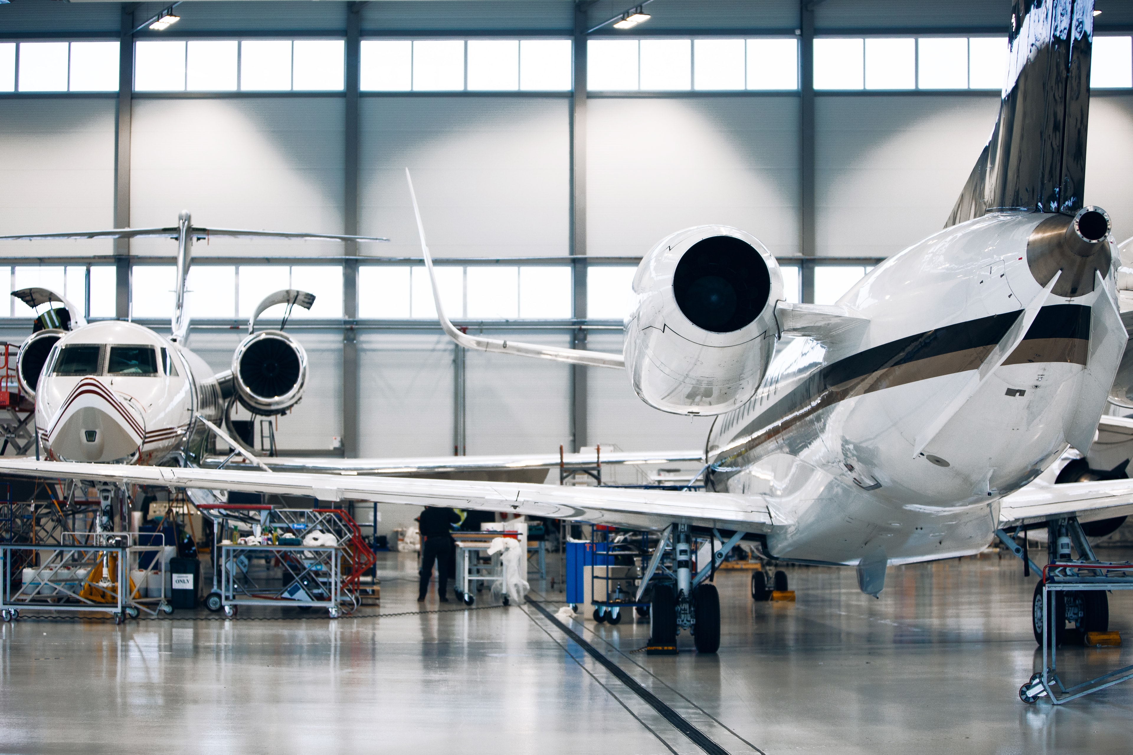 Aircraft maintenance hangar with US flag